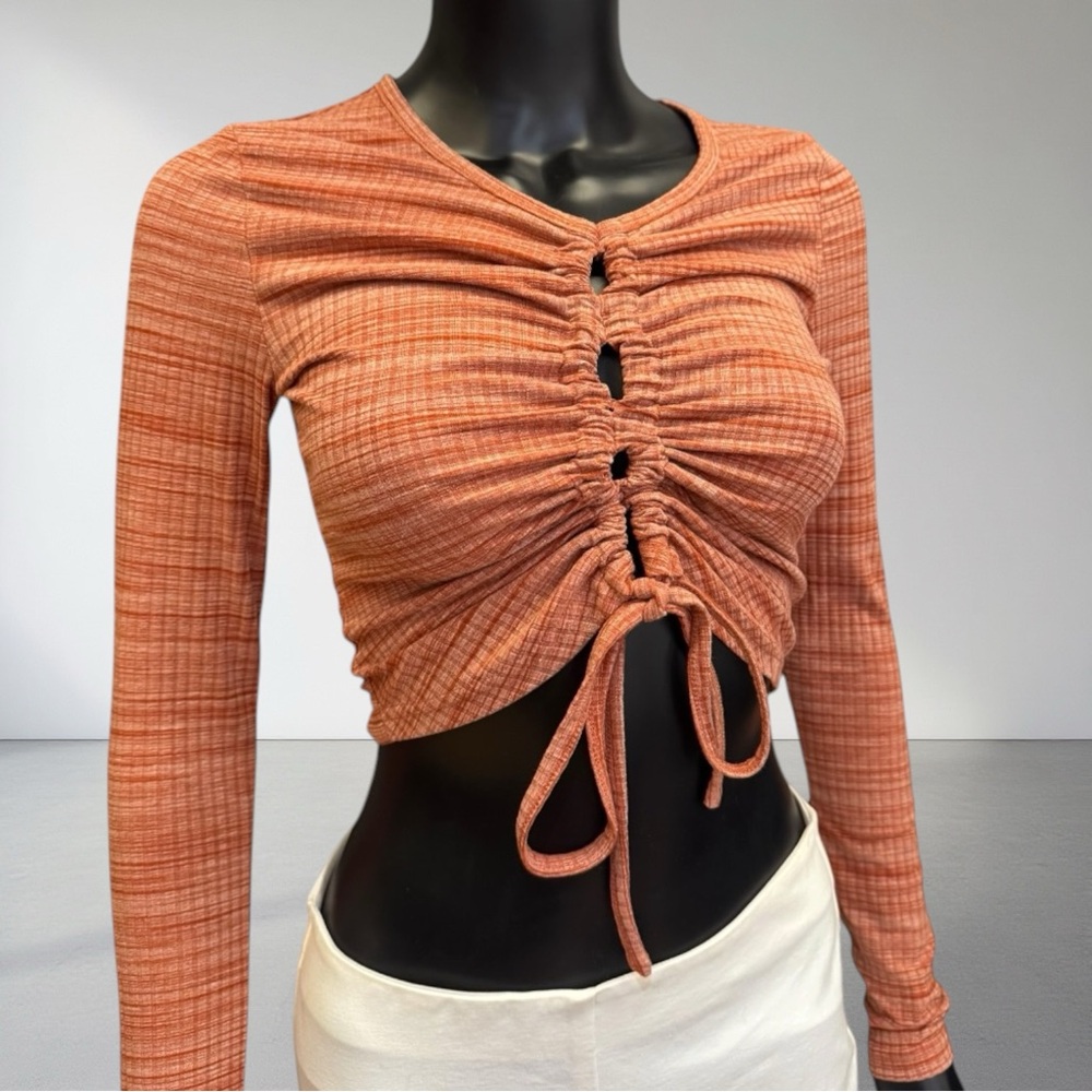 Cider Terracotta Ruched Long Sleeve Crop Top